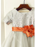 Short Sleeves Silver Sequin Gray Tulle Knee Length Flower Girl Dress